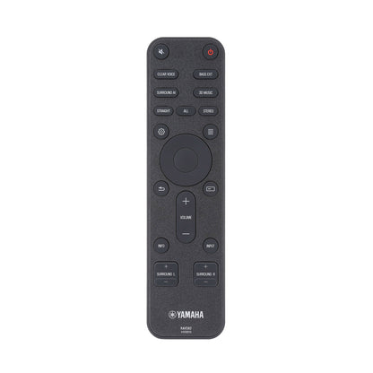 Black Yamaha remote control on a white background